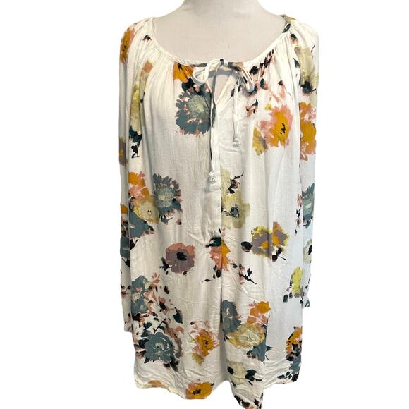 Lucky Brand Ivory Floral Peasant Top Womens Size 1X Tie Neck Boho Blouse - Picture 2 of 8